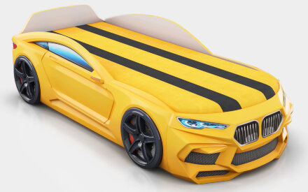 Кровать-машина Romeo-М с матрасом, ящиком для белья и подсветкой фар, желтая 